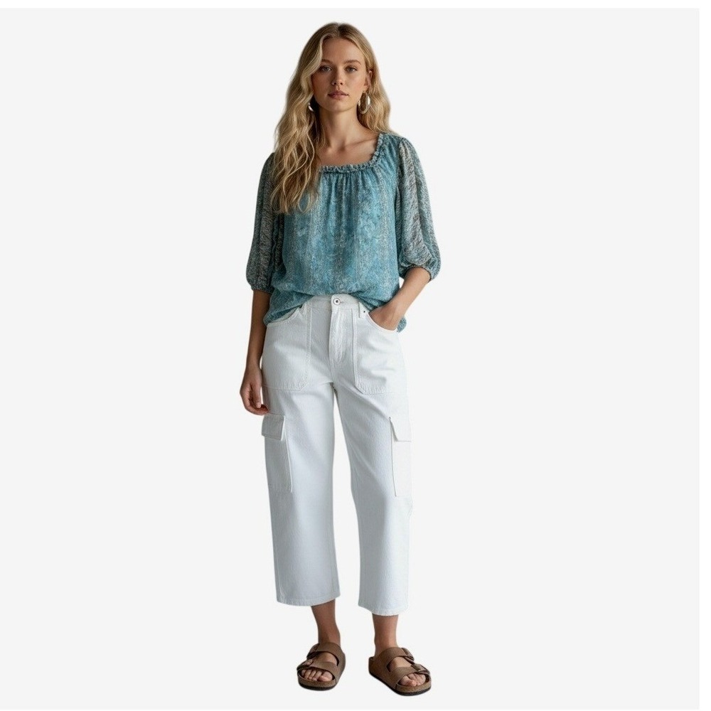 Anthropology‎ Let Me Be Teal Paisley Pintuck Chiffon Puff Sleeve Boho Blouse Med